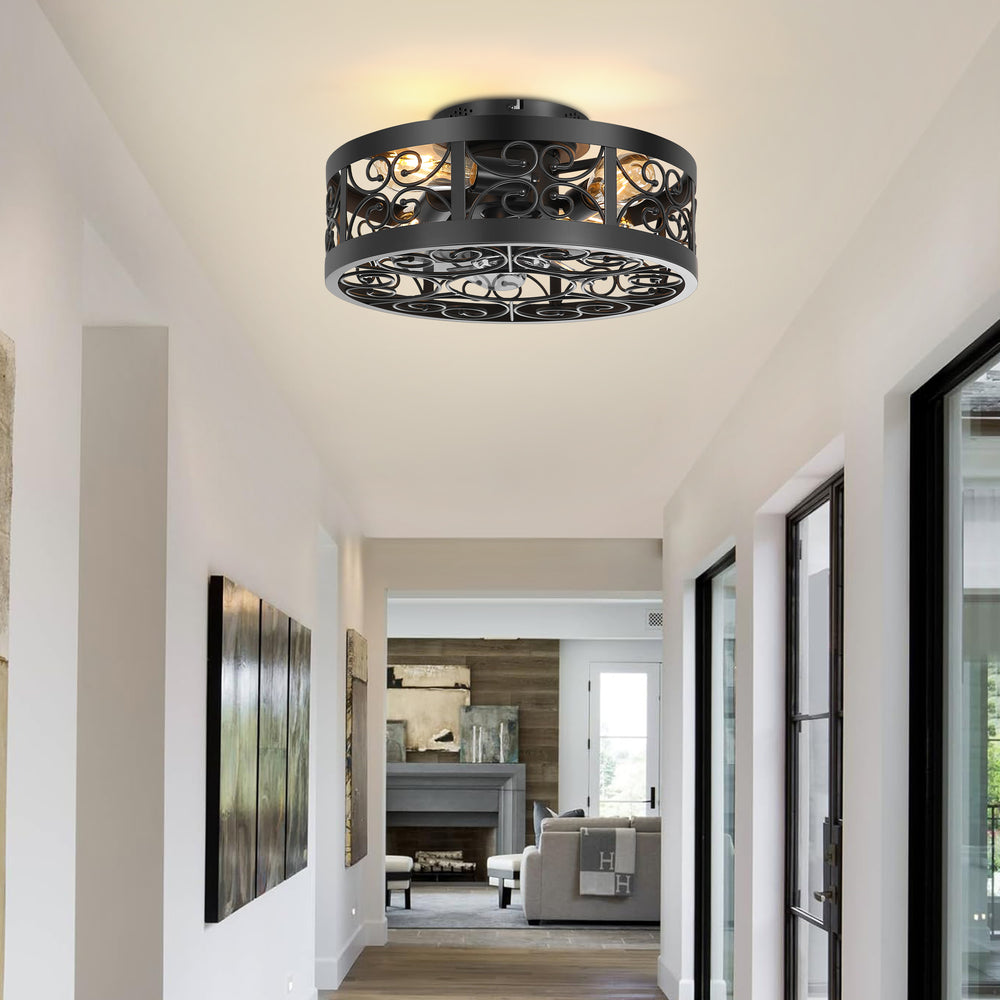 Caged Ceiling Fan 16.5 Inch Farmhouse Ceiling Fan With Remote Retro Small Ceiling Fan With Light Flush-Mount, Low-Profile Ceiling Fan With Light Black