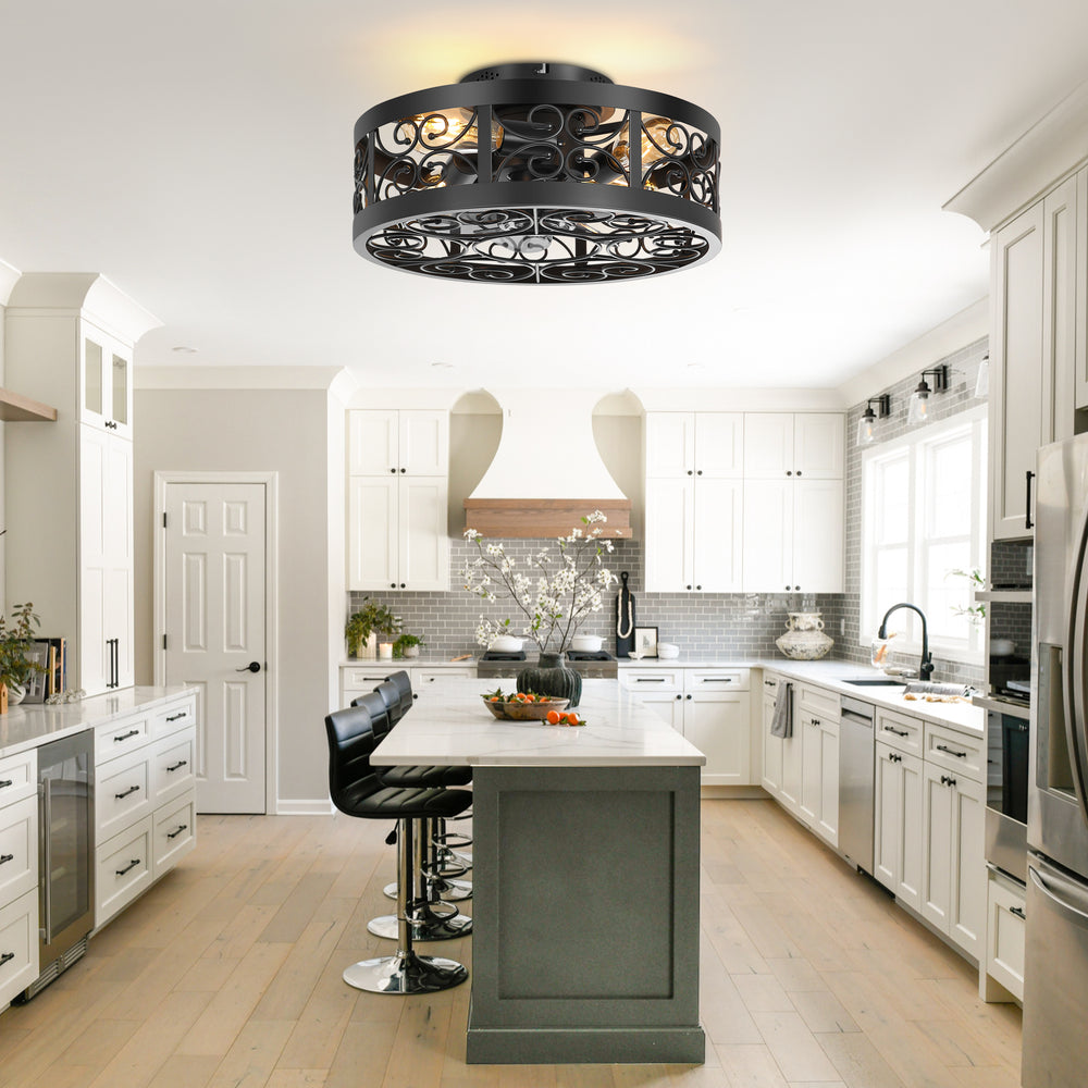 Caged Ceiling Fan 16.5 Inch Farmhouse Ceiling Fan With Remote Retro Small Ceiling Fan With Light Flush-Mount, Low-Profile Ceiling Fan With Light Black