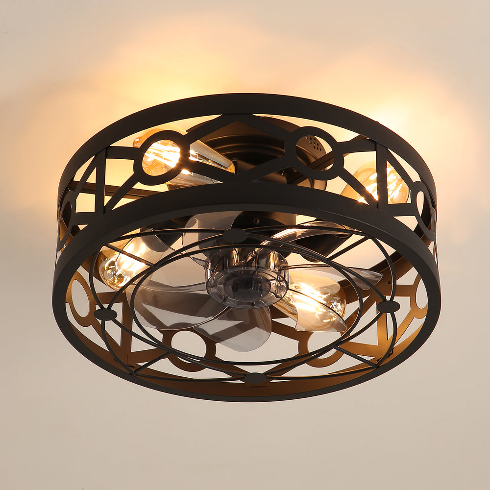 16.5-Inch Small Caged Ceiling Fans with Lights and Remote Control, Flush Mount Low Profile Ceiling Fan with DC Motor, Modern Ceiling Fan Light Chandelier, Bulbs Not Included
