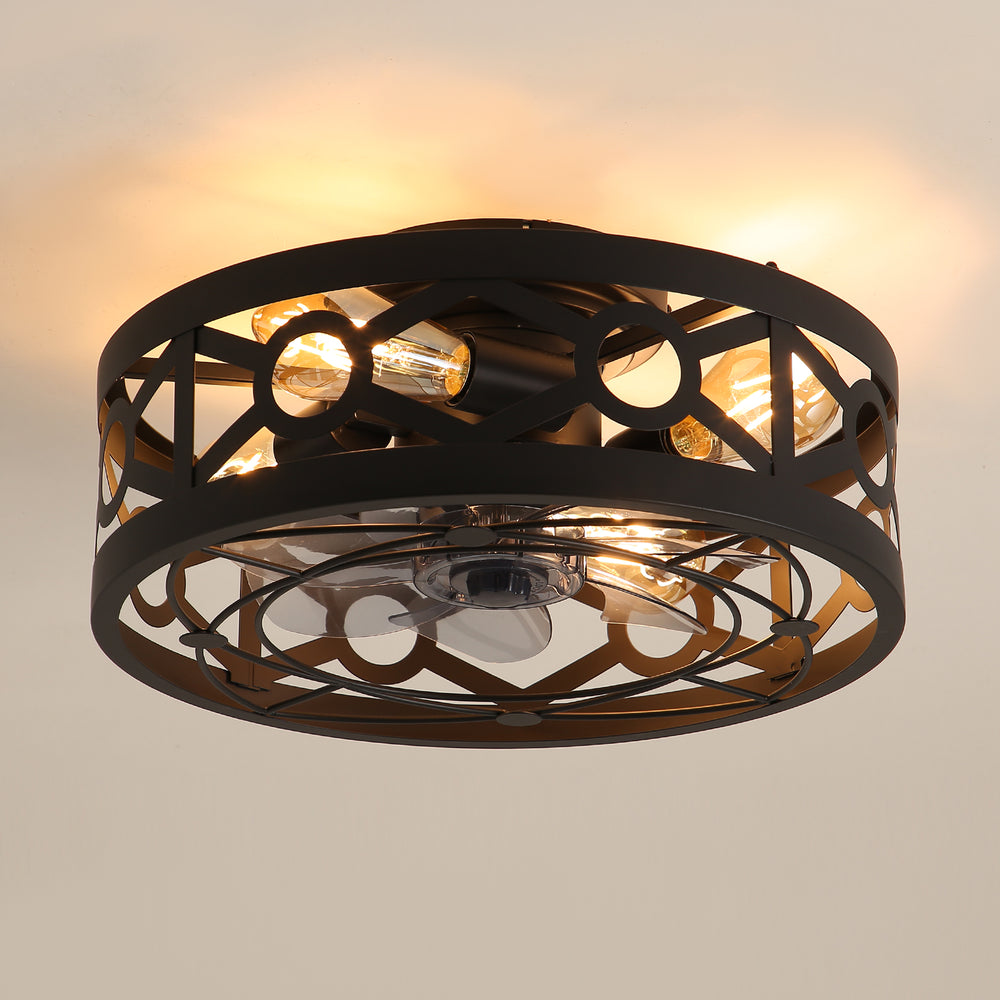 16.5-Inch Small Caged Ceiling Fans with Lights and Remote Control, Flush Mount Low Profile Ceiling Fan with DC Motor, Modern Ceiling Fan Light Chandelier, Bulbs Not Included