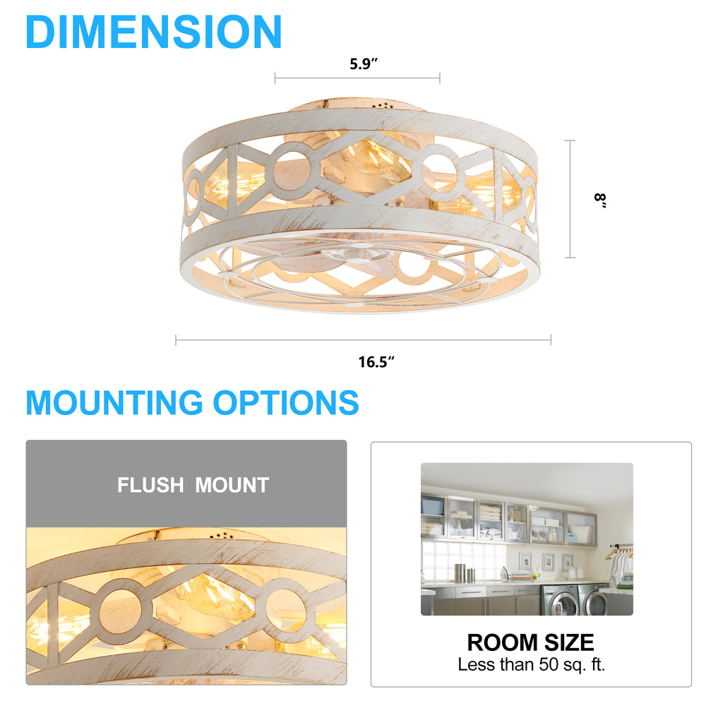 16.5-Inch Small Caged Ceiling Fans with Lights and Remote Control, Flush Mount Low Profile Ceiling Fan with DC Motor, Modern Ceiling Fan Light Chandelier, Bulbs Not Included