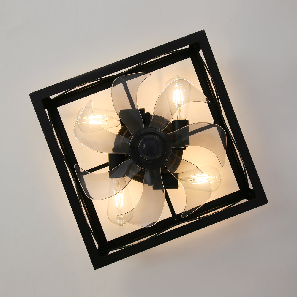 15.7 inch Caged Flush Mount Ceiling Fans with Lights and Remote, Modern Square Low Profile Ceiling Fan, Small Farmhouse Bladeless Ceiling Fan for Bedroom, Kitchen, Indoor