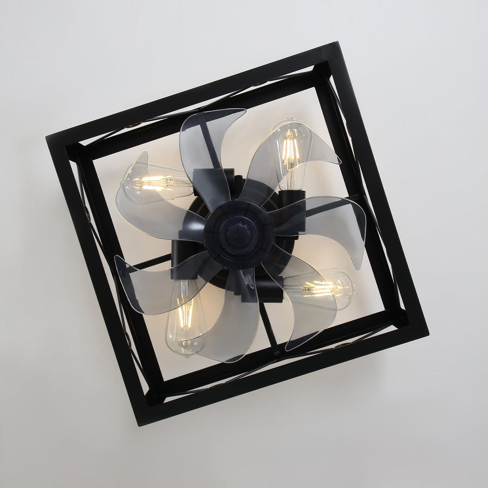 15.7 inch Caged Flush Mount Ceiling Fans with Lights and Remote, Modern Square Low Profile Ceiling Fan, Small Farmhouse Bladeless Ceiling Fan for Bedroom, Kitchen, Indoor