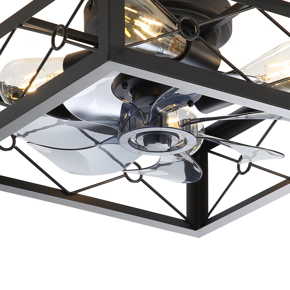 15.7 inch Caged Flush Mount Ceiling Fans with Lights and Remote, Modern Square Low Profile Ceiling Fan, Small Farmhouse Bladeless Ceiling Fan for Bedroom, Kitchen, Indoor