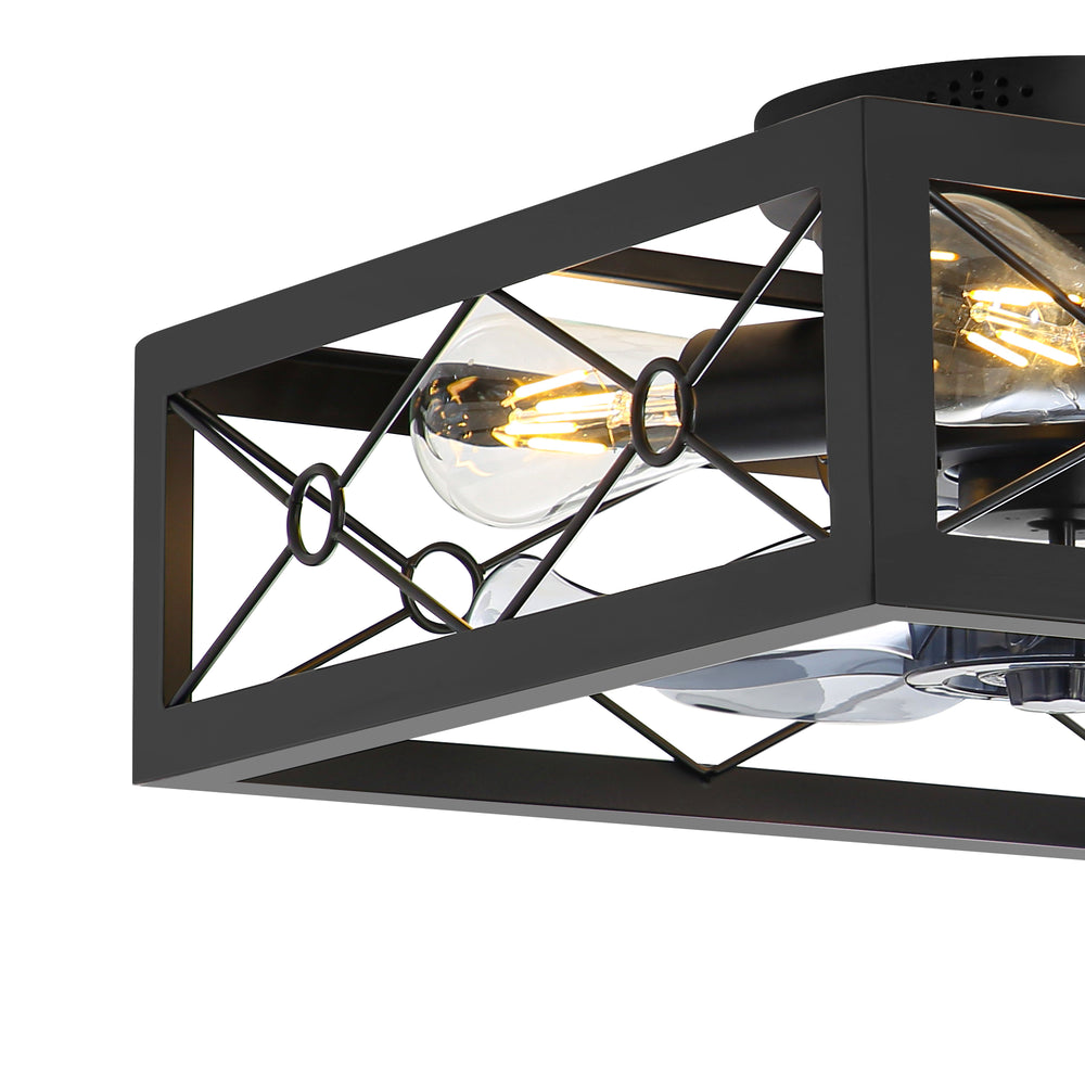15.7 inch Caged Flush Mount Ceiling Fans with Lights and Remote, Modern Square Low Profile Ceiling Fan, Small Farmhouse Bladeless Ceiling Fan for Bedroom, Kitchen, Indoor
