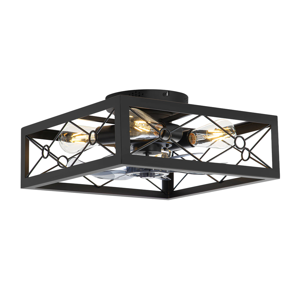 15.7 inch Caged Flush Mount Ceiling Fans with Lights and Remote, Modern Square Low Profile Ceiling Fan, Small Farmhouse Bladeless Ceiling Fan for Bedroom, Kitchen, Indoor