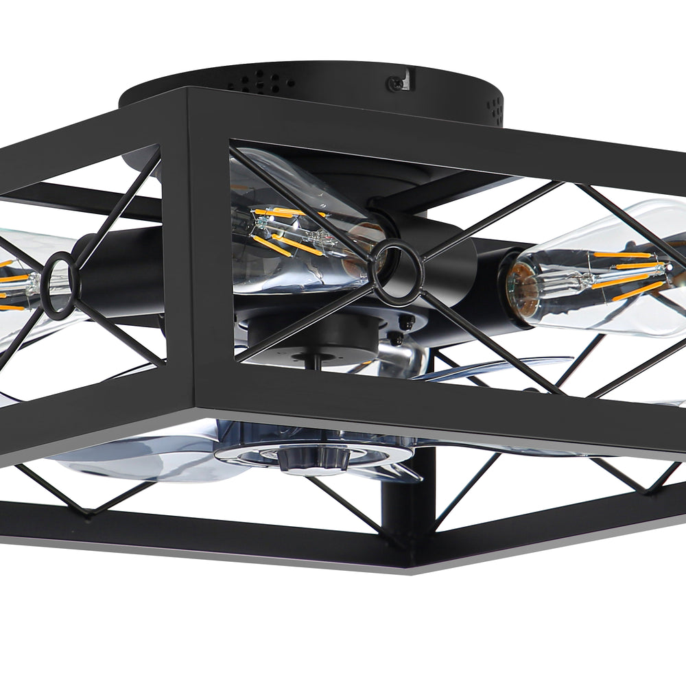15.7 inch Caged Flush Mount Ceiling Fans with Lights and Remote, Modern Square Low Profile Ceiling Fan, Small Farmhouse Bladeless Ceiling Fan for Bedroom, Kitchen, Indoor