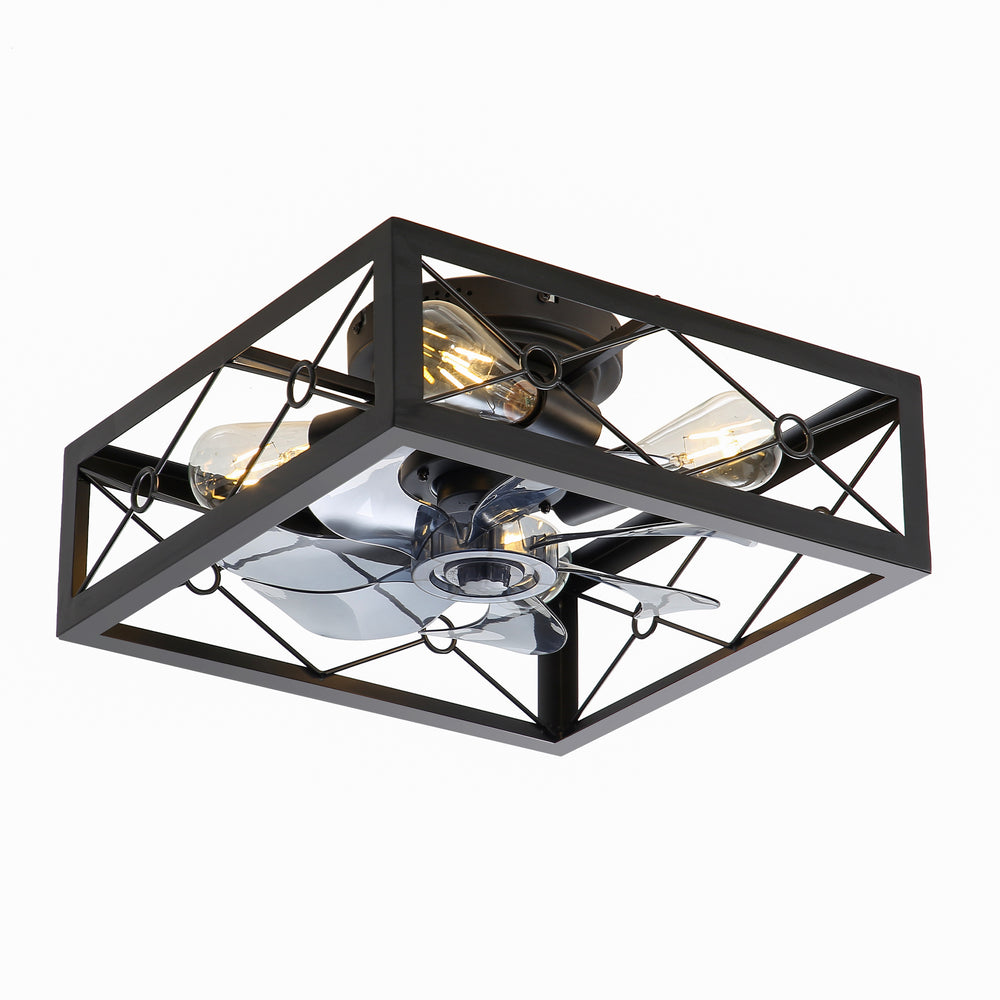 15.7 inch Caged Flush Mount Ceiling Fans with Lights and Remote, Modern Square Low Profile Ceiling Fan, Small Farmhouse Bladeless Ceiling Fan for Bedroom, Kitchen, Indoor