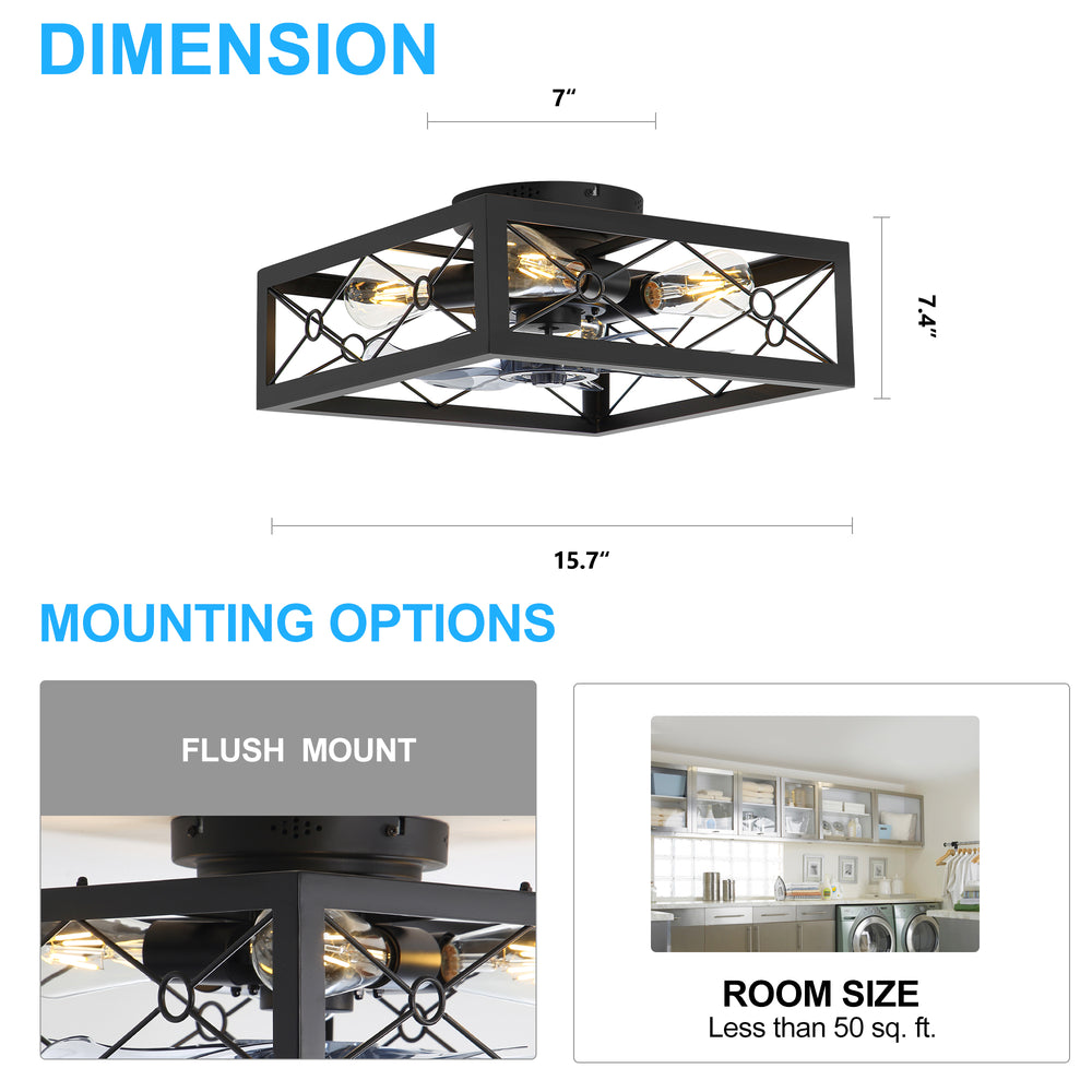 15.7 inch Caged Flush Mount Ceiling Fans with Lights and Remote, Modern Square Low Profile Ceiling Fan, Small Farmhouse Bladeless Ceiling Fan for Bedroom, Kitchen, Indoor