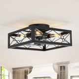 15.7 inch Caged Flush Mount Ceiling Fans with Lights and Remote, Modern Square Low Profile Ceiling Fan, Small Farmhouse Bladeless Ceiling Fan for Bedroom, Kitchen, Indoor