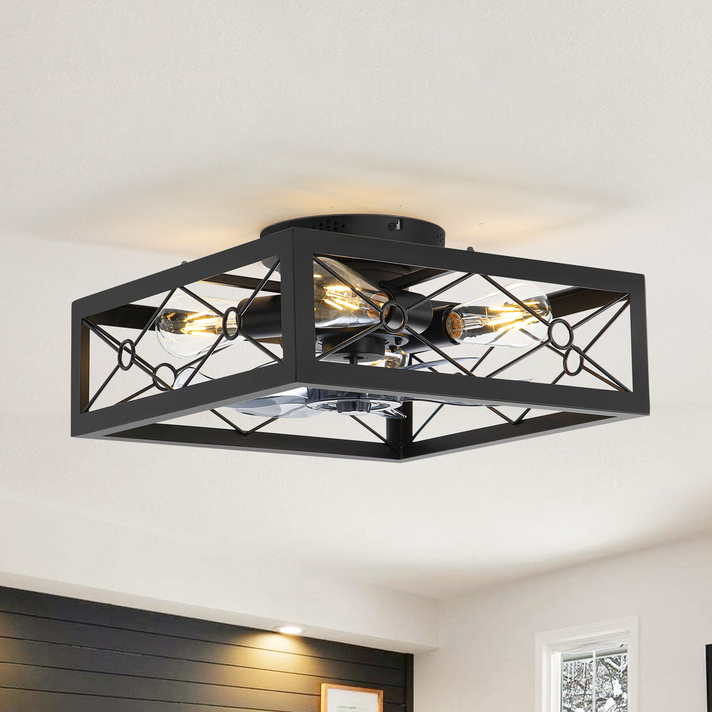 15.7 inch Caged Flush Mount Ceiling Fans with Lights and Remote, Modern Square Low Profile Ceiling Fan, Small Farmhouse Bladeless Ceiling Fan for Bedroom, Kitchen, Indoor