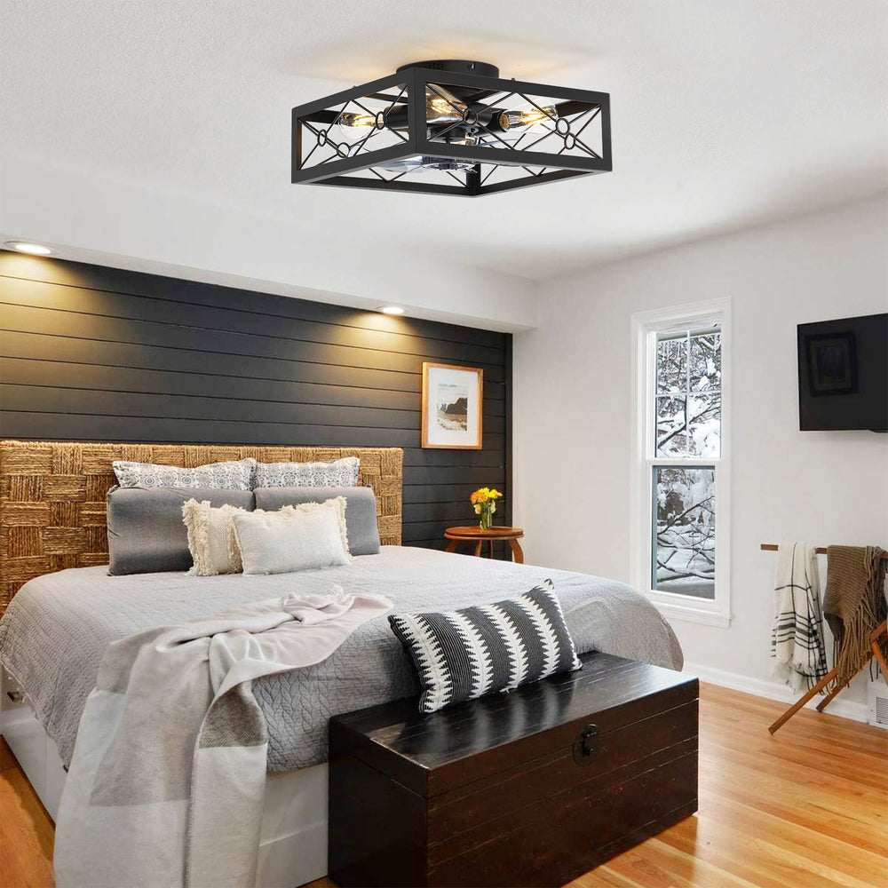 15.7 inch Caged Flush Mount Ceiling Fans with Lights and Remote, Modern Square Low Profile Ceiling Fan, Small Farmhouse Bladeless Ceiling Fan for Bedroom, Kitchen, Indoor