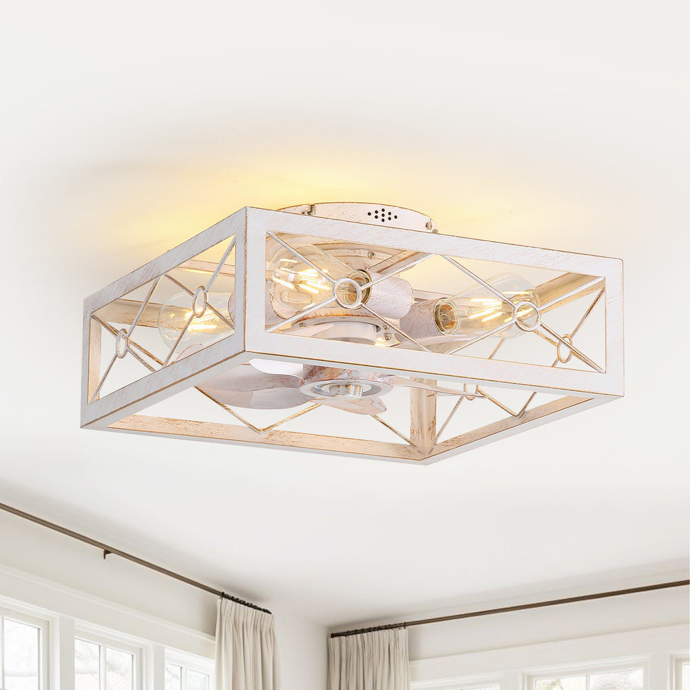 15.7 inch Caged Flush Mount Ceiling Fans with Lights and Remote, Modern Square Low Profile Ceiling Fan, Small Farmhouse Bladeless Ceiling Fan for Bedroom, Kitchen, Indoor