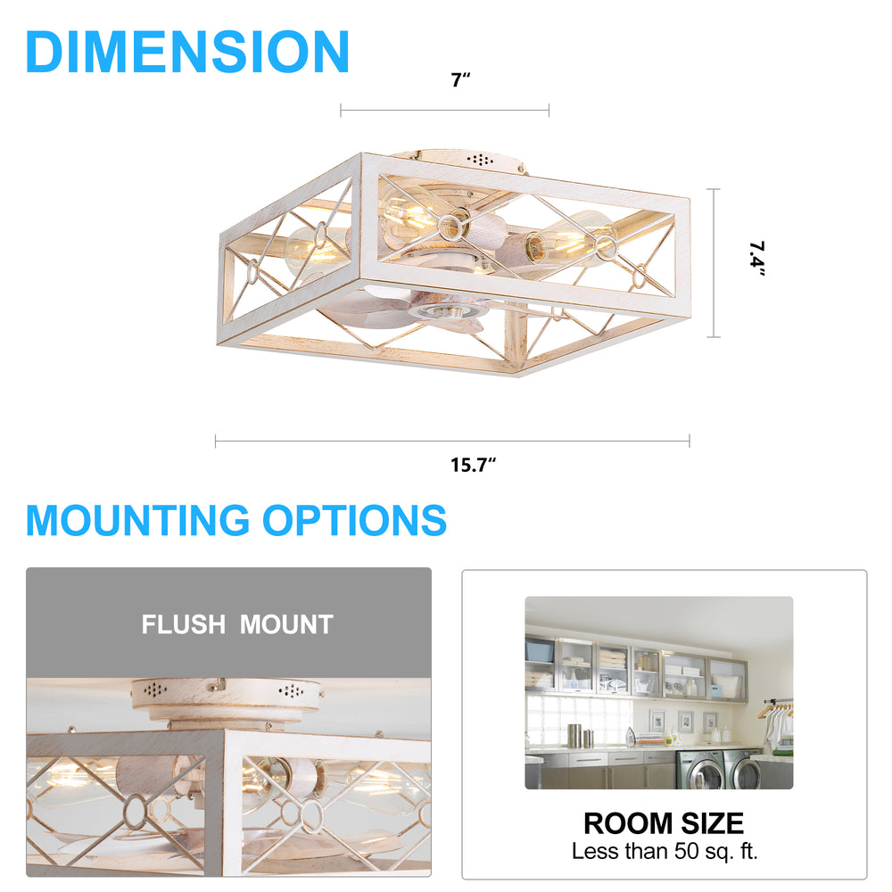 15.7 inch Caged Flush Mount Ceiling Fans with Lights and Remote, Modern Square Low Profile Ceiling Fan, Small Farmhouse Bladeless Ceiling Fan for Bedroom, Kitchen, Indoor