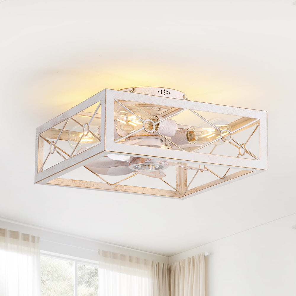 15.7 inch Caged Flush Mount Ceiling Fans with Lights and Remote, Modern Square Low Profile Ceiling Fan, Small Farmhouse Bladeless Ceiling Fan for Bedroom, Kitchen, Indoor