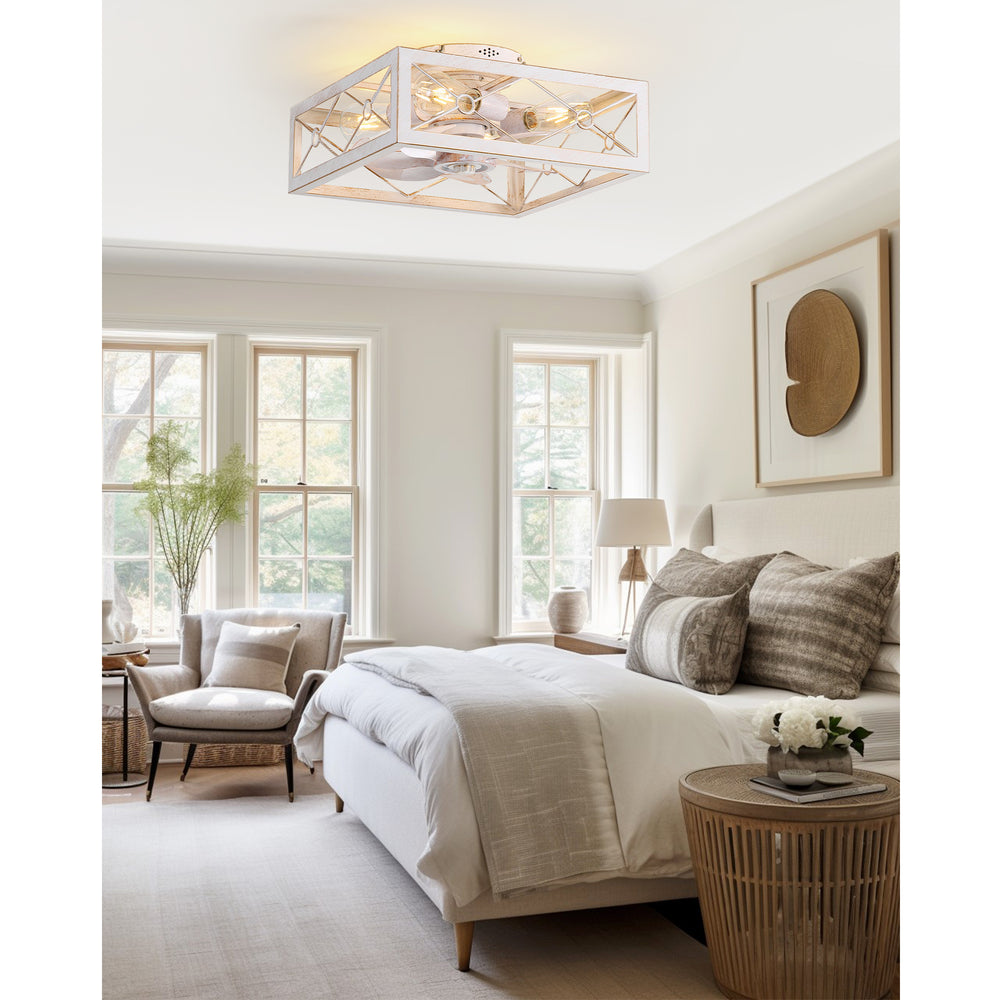 15.7 inch Caged Flush Mount Ceiling Fans with Lights and Remote, Modern Square Low Profile Ceiling Fan, Small Farmhouse Bladeless Ceiling Fan for Bedroom, Kitchen, Indoor