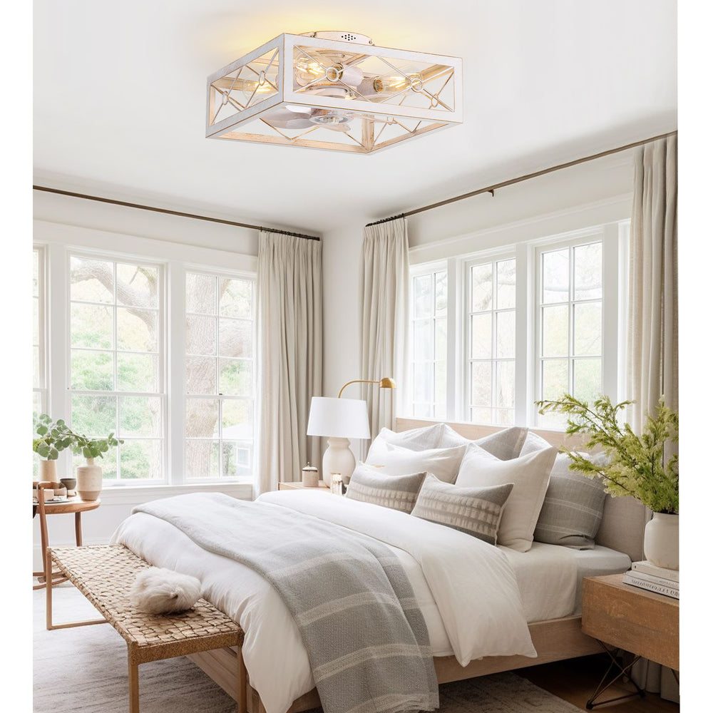 15.7 inch Caged Flush Mount Ceiling Fans with Lights and Remote, Modern Square Low Profile Ceiling Fan, Small Farmhouse Bladeless Ceiling Fan for Bedroom, Kitchen, Indoor