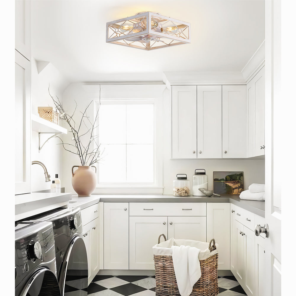 15.7 inch Caged Flush Mount Ceiling Fans with Lights and Remote, Modern Square Low Profile Ceiling Fan, Small Farmhouse Bladeless Ceiling Fan for Bedroom, Kitchen, Indoor