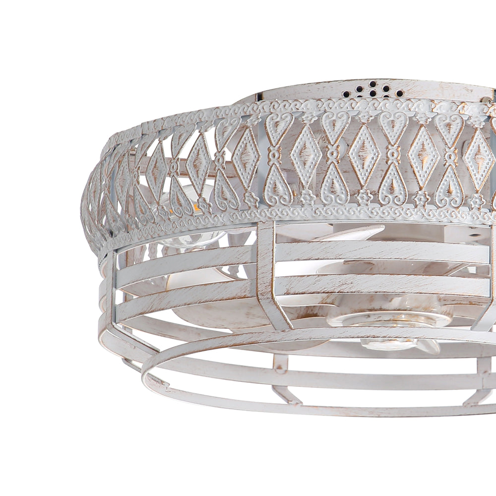 12.5-inch Vintage Distressed White Caged Ceiling Fan with Remote and Light(7-Blade）