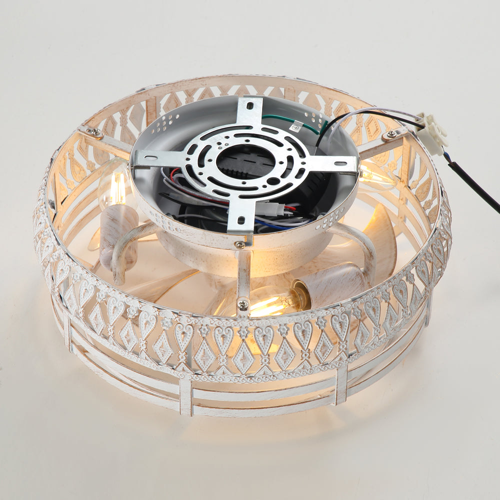 12.5-inch Vintage Distressed White Caged Ceiling Fan with Remote and Light(7-Blade）
