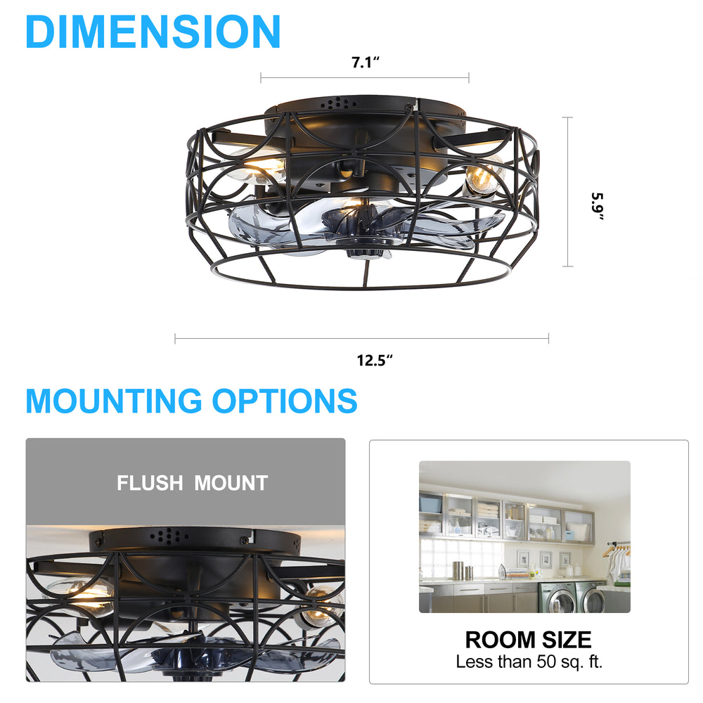12.5-Inch Flush Mount Small Caged Ceiling Fans with Lights, Modern Bladeless Ceiling Fans Remote Control, DC Motor, 6-Speed, Timer, Enclosed Ceiling Fan Light for Bedroom