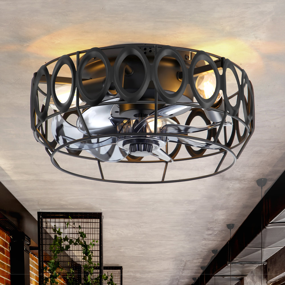 12.5-inch Flush Mount Caged Ceiling Fan with Lights Low Profile Industrial Enclosed Ceiling Fan with Remote
