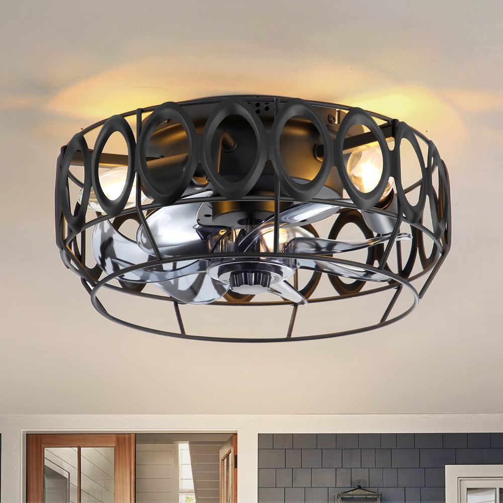 12.5-inch Flush Mount Caged Ceiling Fan with Lights Low Profile Industrial Enclosed Ceiling Fan with Remote
