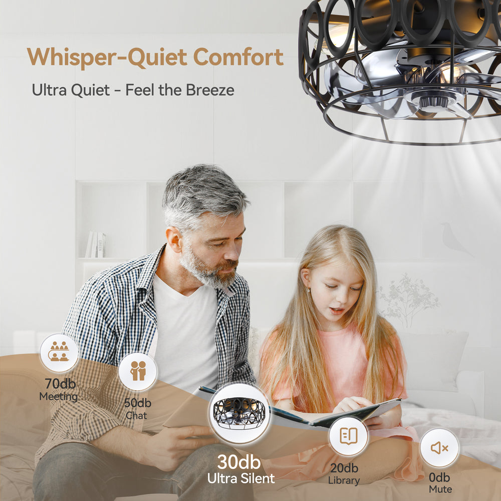 12.5-inch Flush Mount Caged Ceiling Fan with Lights Low Profile Industrial Enclosed Ceiling Fan with Remote