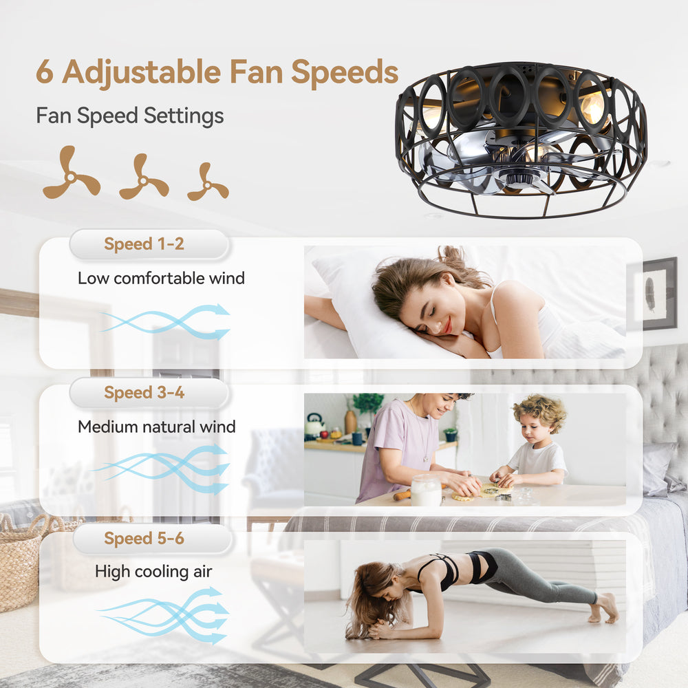 12.5-inch Flush Mount Caged Ceiling Fan with Lights Low Profile Industrial Enclosed Ceiling Fan with Remote