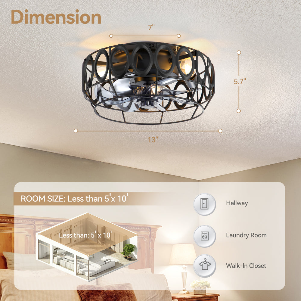 12.5-inch Flush Mount Caged Ceiling Fan with Lights Low Profile Industrial Enclosed Ceiling Fan with Remote