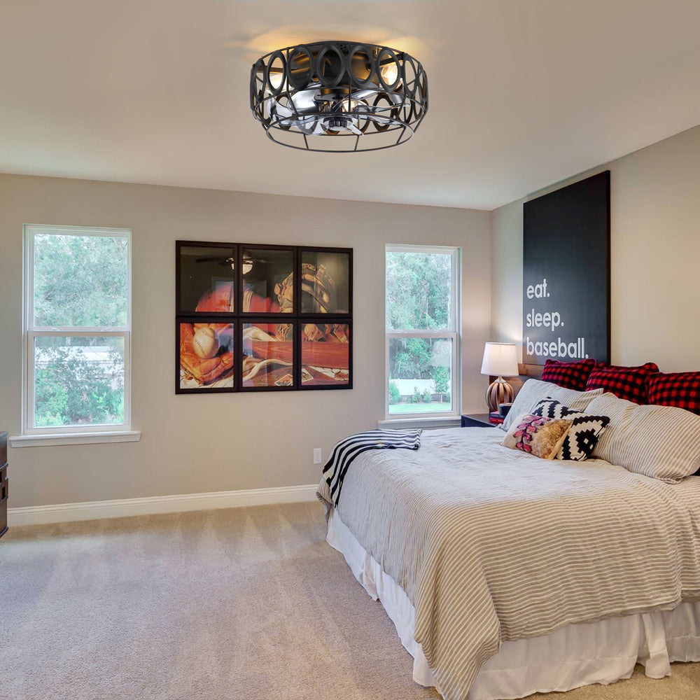 12.5-inch Flush Mount Caged Ceiling Fan with Lights Low Profile Industrial Enclosed Ceiling Fan with Remote