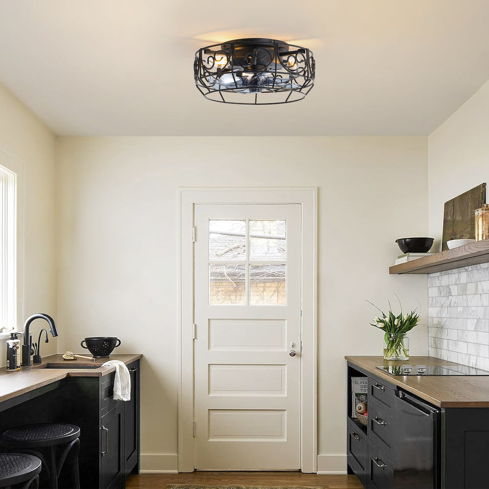 12.5 Inch Caged Ceiling fans with Lights, Bladeless Farmhouse Fandelier Ceiling Fan with Remote, Enclosed Small Ceiling Fan for Bedroom Kitchen