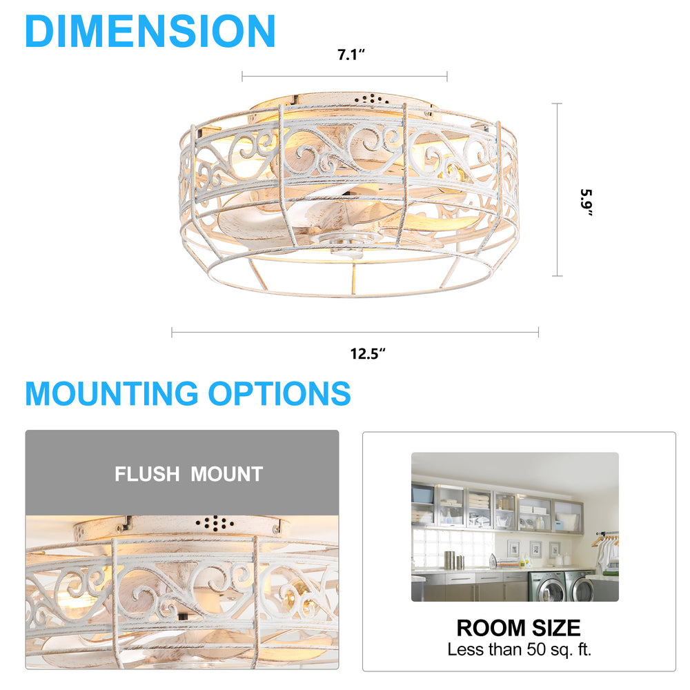 12.5 Inch Caged Ceiling Fans With Lights and Remote, Flush Mount Bladeless Low Profile, Small Farmhouse Industrial Enclosed Ceiling Fan For Bedroom, Kitchen, Indoor