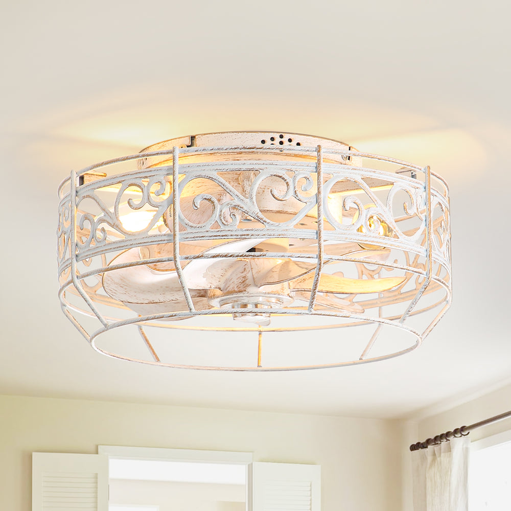 12.5 Inch Caged Ceiling Fans With Lights and Remote, Flush Mount Bladeless Low Profile, Small Farmhouse Industrial Enclosed Ceiling Fan For Bedroom, Kitchen, Indoor