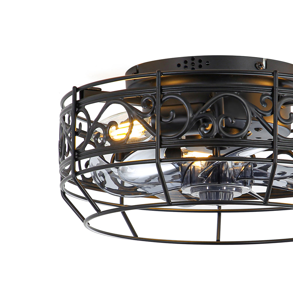 12.5 Inch Caged Ceiling Fans With Lights and Remote, Flush Mount Bladeless Low Profile, Small Farmhouse Industrial Enclosed Ceiling Fan For Bedroom, Kitchen, Indoor