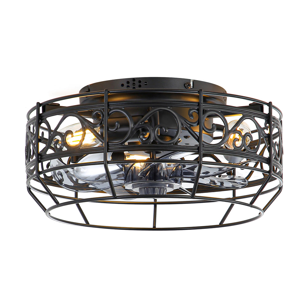 12.5 Inch Caged Ceiling Fans With Lights and Remote, Flush Mount Bladeless Low Profile, Small Farmhouse Industrial Enclosed Ceiling Fan For Bedroom, Kitchen, Indoor