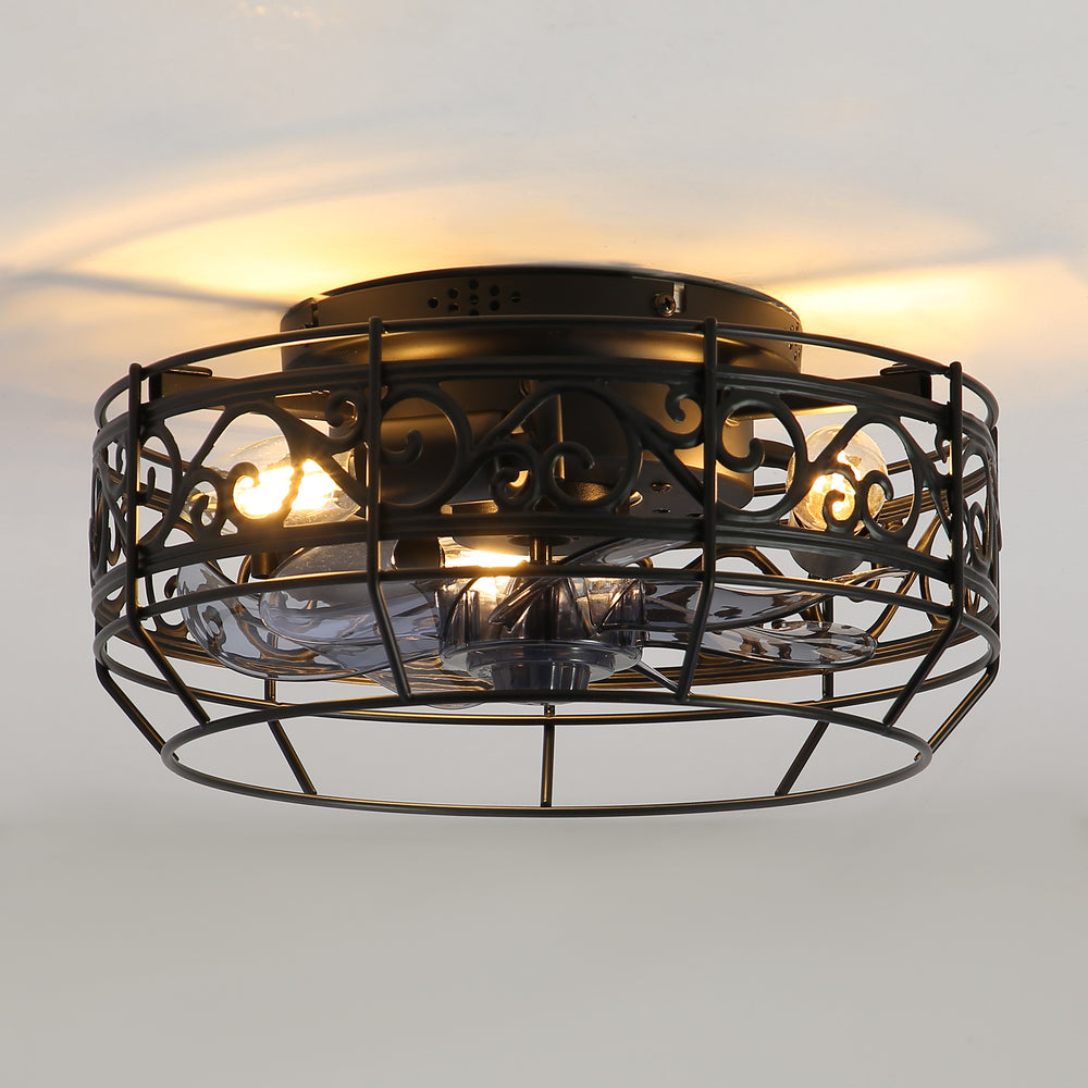 12.5 Inch Caged Ceiling Fans With Lights and Remote, Flush Mount Bladeless Low Profile, Small Farmhouse Industrial Enclosed Ceiling Fan For Bedroom, Kitchen, Indoor