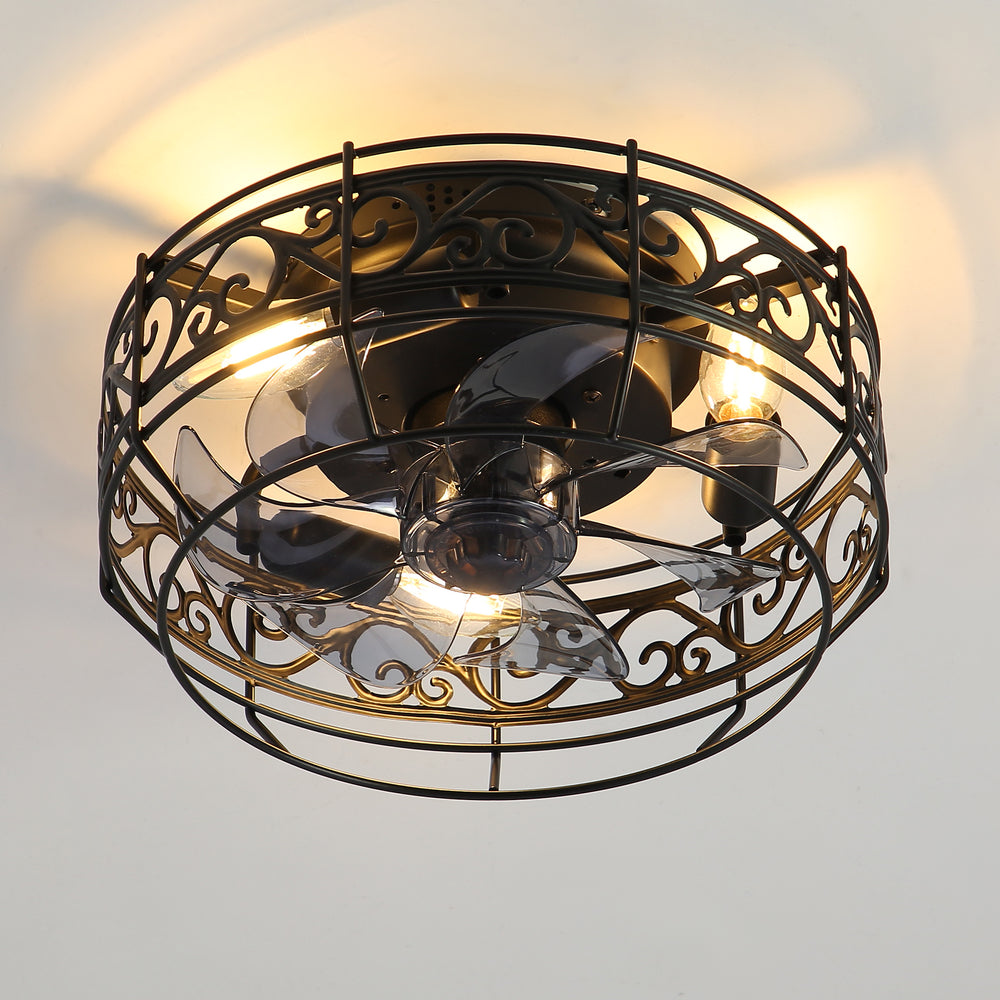 12.5 Inch Caged Ceiling Fans With Lights and Remote, Flush Mount Bladeless Low Profile, Small Farmhouse Industrial Enclosed Ceiling Fan For Bedroom, Kitchen, Indoor
