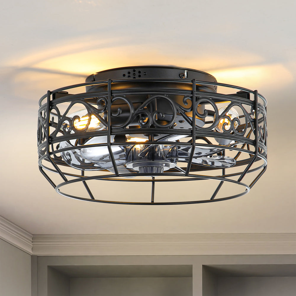 12.5 Inch Caged Ceiling Fans With Lights and Remote, Flush Mount Bladeless Low Profile, Small Farmhouse Industrial Enclosed Ceiling Fan For Bedroom, Kitchen, Indoor