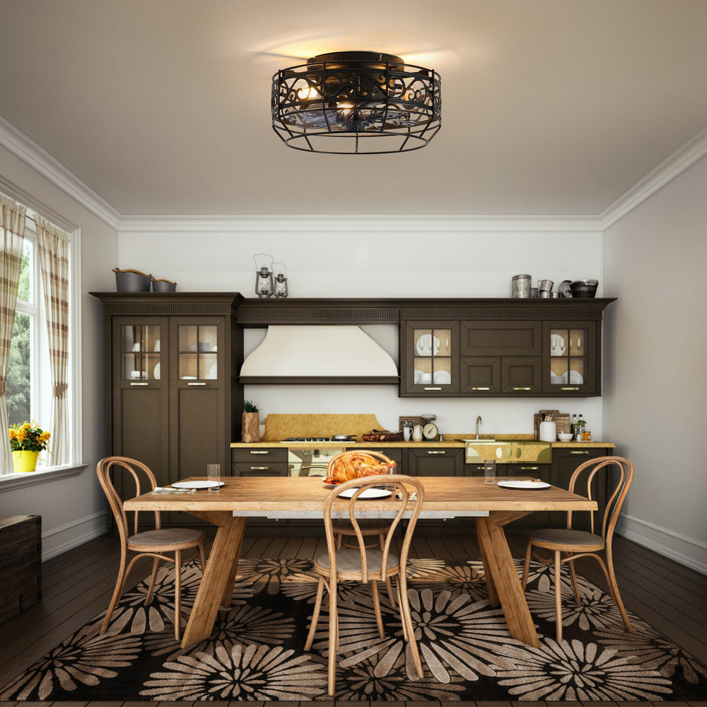 12.5 Inch Caged Ceiling Fans With Lights and Remote, Flush Mount Bladeless Low Profile, Small Farmhouse Industrial Enclosed Ceiling Fan For Bedroom, Kitchen, Indoor
