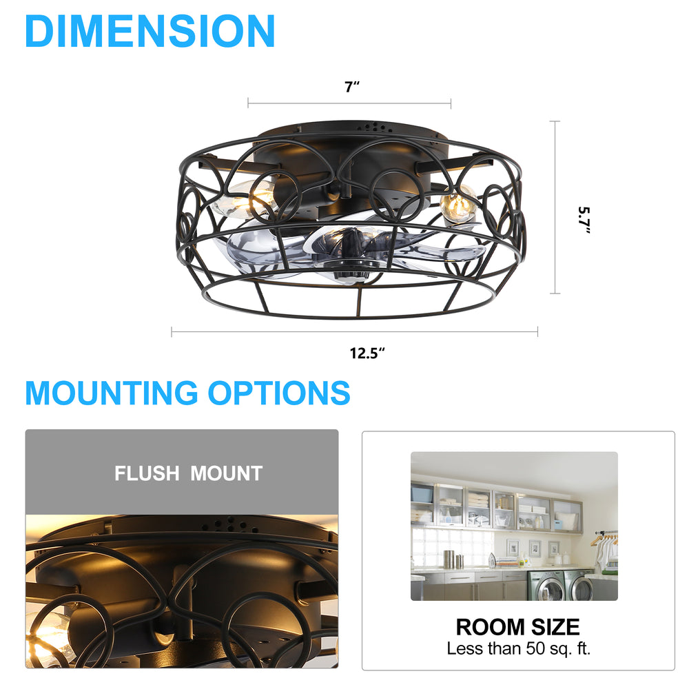 12.5-Inch 7-Blade Flush Mount Caged Ceiling Fan with Remote Light