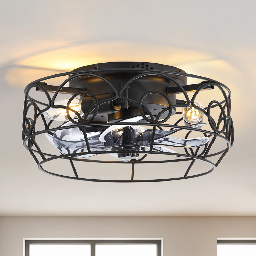12.5-Inch 7-Blade Flush Mount Caged Ceiling Fan with Remote Light