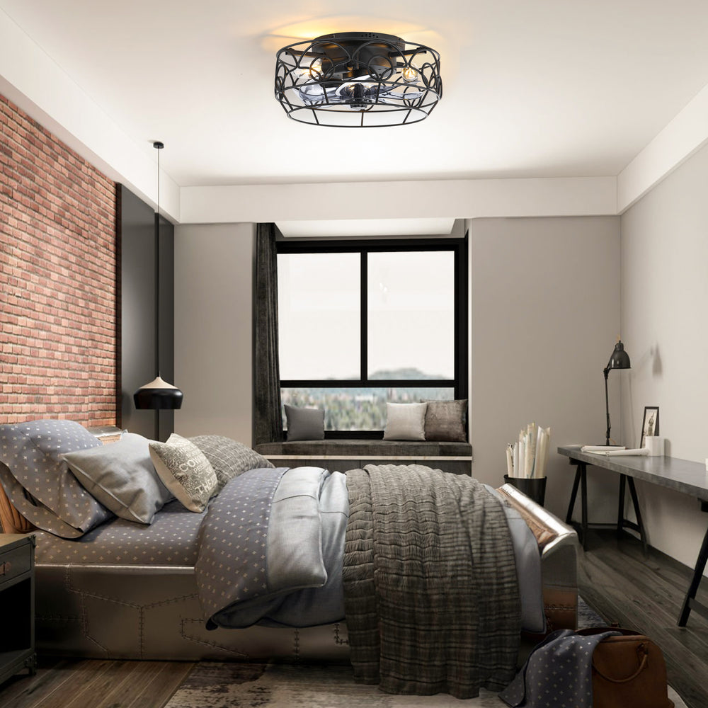 12.5-Inch 7-Blade Flush Mount Caged Ceiling Fan with Remote Light