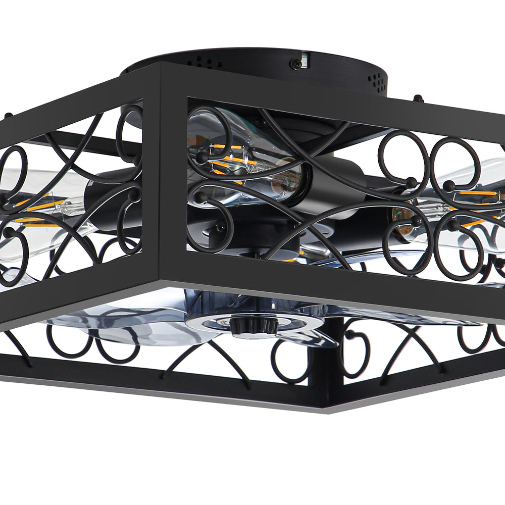 15.7 inch Caged Flush Mount Ceiling Fans with Lights and Remote, Modern Square Low Profile Ceiling Fan, Small Farmhouse Bladeless Ceiling Fan for Bedroom, Kitchen, Indoor