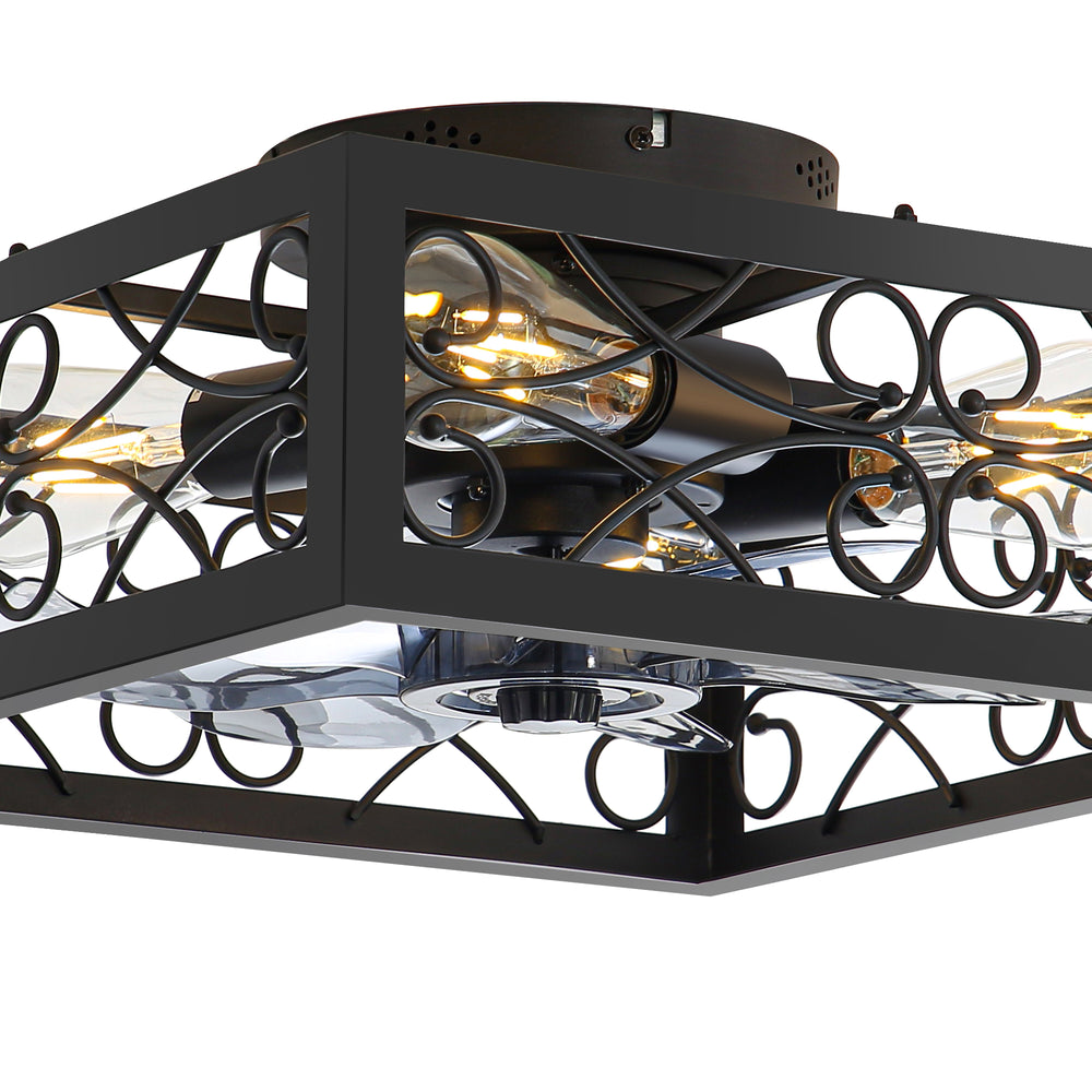 15.7 inch Caged Flush Mount Ceiling Fans with Lights and Remote, Modern Square Low Profile Ceiling Fan, Small Farmhouse Bladeless Ceiling Fan for Bedroom, Kitchen, Indoor