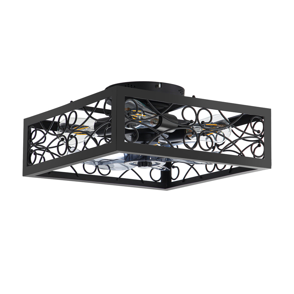 15.7 inch Caged Flush Mount Ceiling Fans with Lights and Remote, Modern Square Low Profile Ceiling Fan, Small Farmhouse Bladeless Ceiling Fan for Bedroom, Kitchen, Indoor