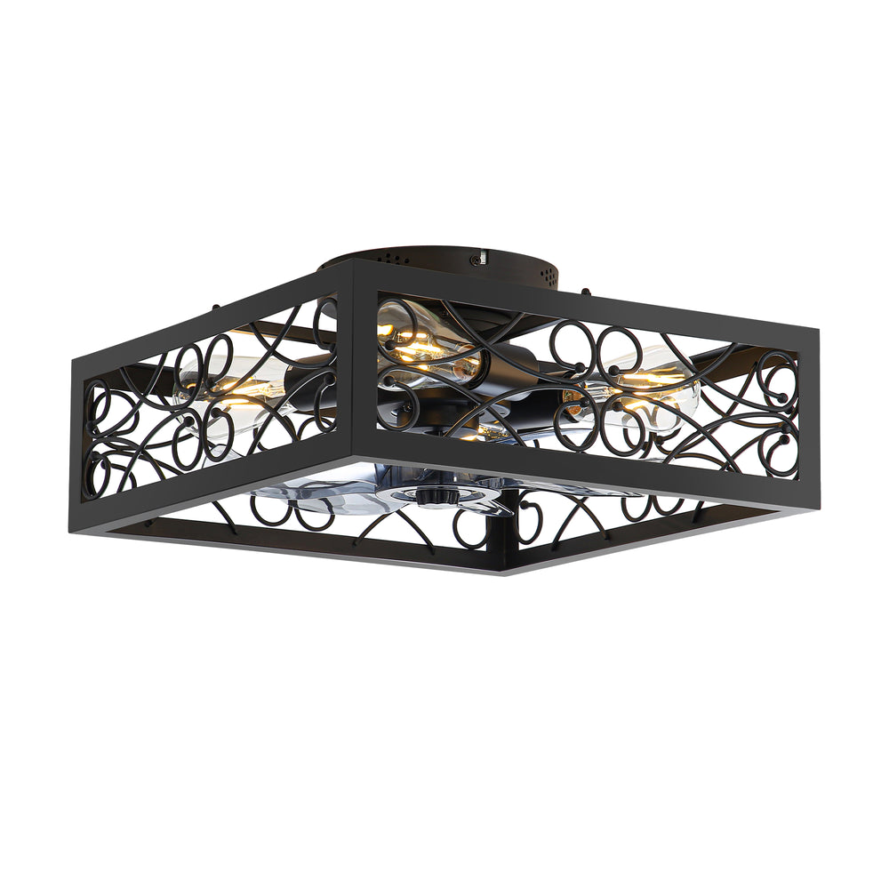15.7 inch Caged Flush Mount Ceiling Fans with Lights and Remote, Modern Square Low Profile Ceiling Fan, Small Farmhouse Bladeless Ceiling Fan for Bedroom, Kitchen, Indoor