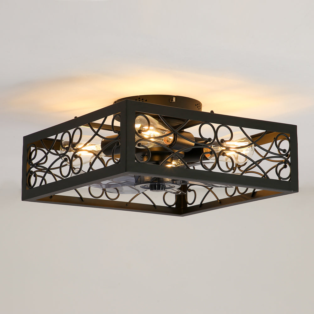 15.7 inch Caged Flush Mount Ceiling Fans with Lights and Remote, Modern Square Low Profile Ceiling Fan, Small Farmhouse Bladeless Ceiling Fan for Bedroom, Kitchen, Indoor