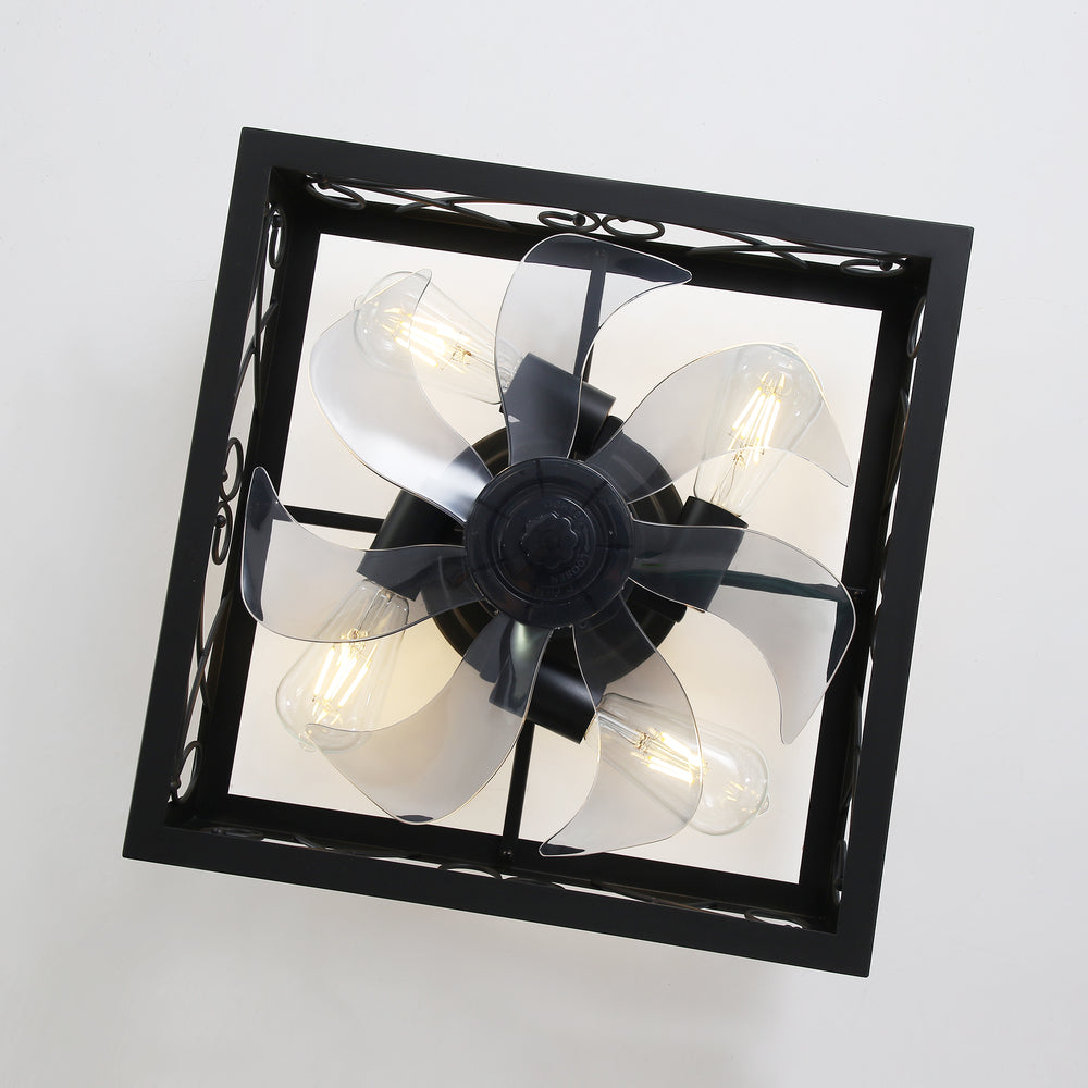 15.7 inch Caged Flush Mount Ceiling Fans with Lights and Remote, Modern Square Low Profile Ceiling Fan, Small Farmhouse Bladeless Ceiling Fan for Bedroom, Kitchen, Indoor