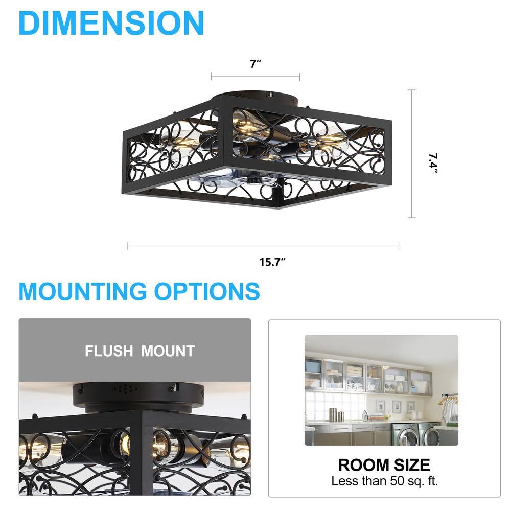 15.7 inch Caged Flush Mount Ceiling Fans with Lights and Remote, Modern Square Low Profile Ceiling Fan, Small Farmhouse Bladeless Ceiling Fan for Bedroom, Kitchen, Indoor